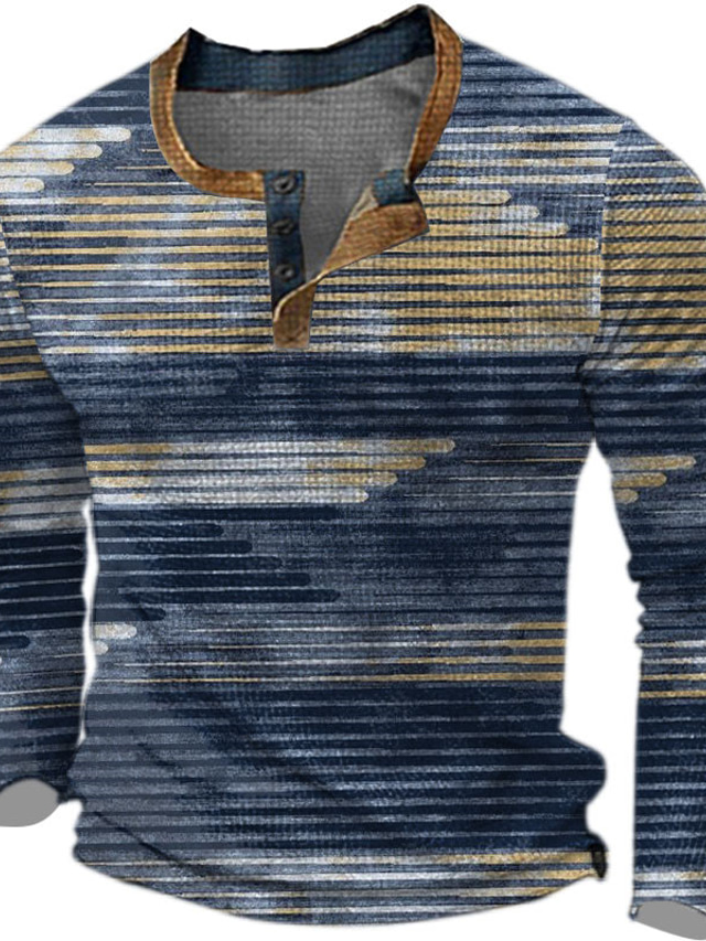  Graphic Bloque de color Rayas Design Retro Antiguo Casual Hombre Impresión 3D Henley Shirt Camiseta de gofres Deporte Festivos Festival Camiseta Azul Piscina Morado Marrón Manga Larga Henley Camisa