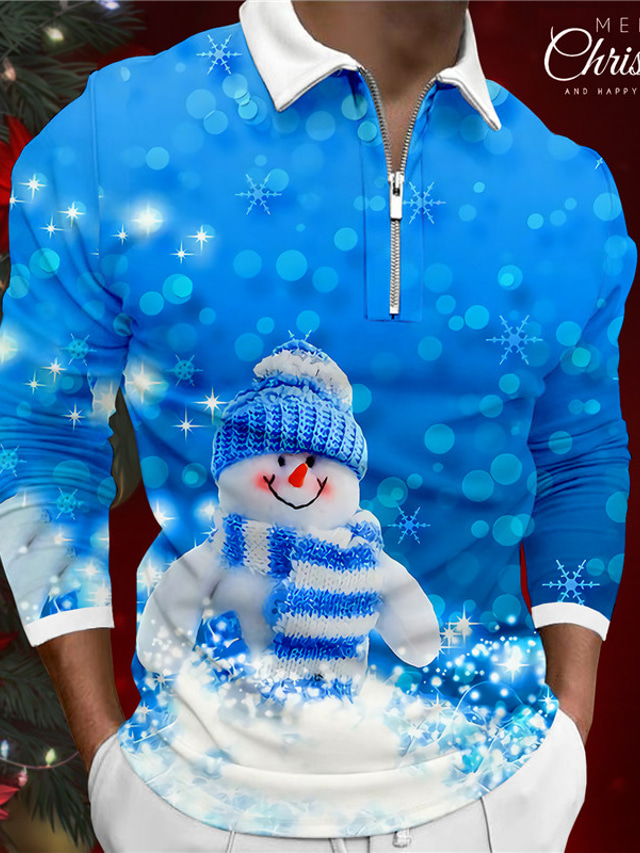 Snowman Men's Casual 3D Print Zip Polo Golf Polo Outdoor Casual Daily Streetwear Polyester Long Sleeve Turndown Zip Polo Shirts White Blue Fall & Winter S M L Lapel Polo