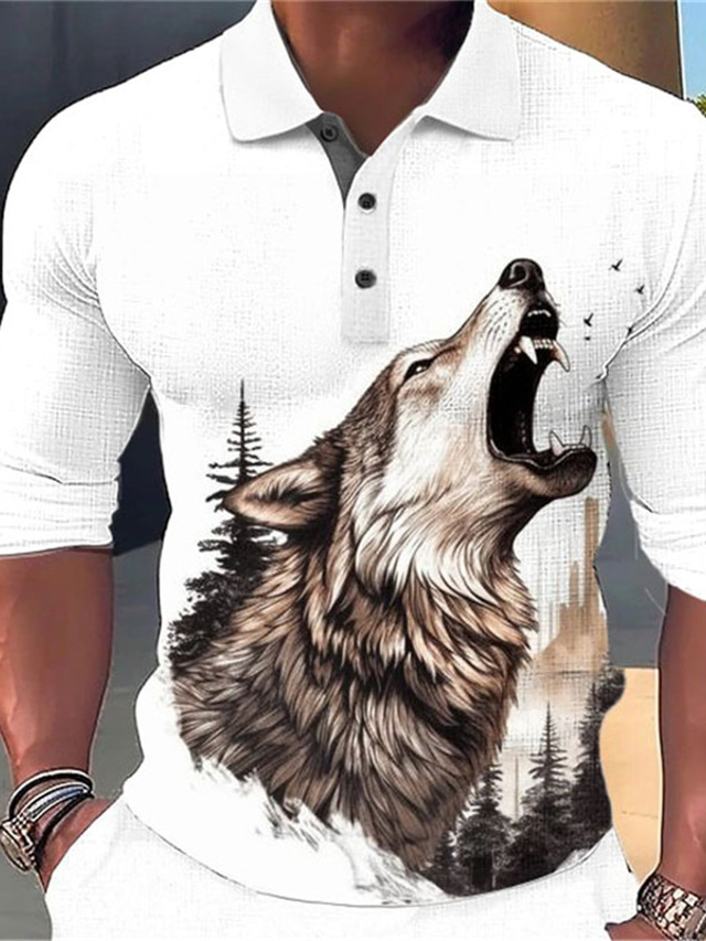  Wolf Abstract Men's Long Sleeve Outdoor Casual Daily Streetwear Fall & Winter 3D Print Turndown White Yellow Green Micro-elastic Polyester