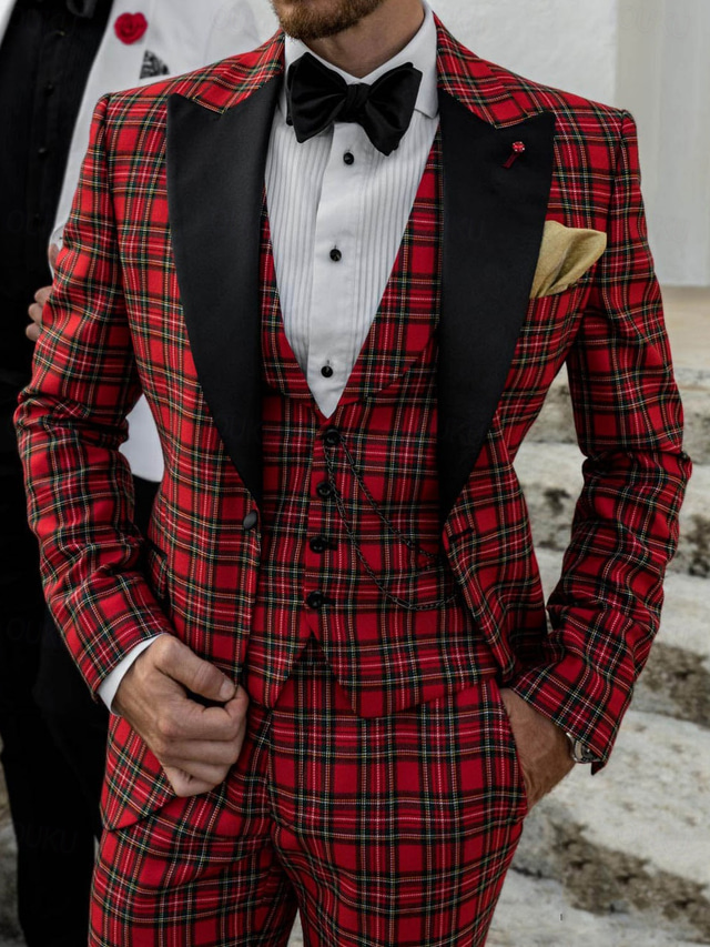 Men's Tailored Fit Single Breasted One-button 3 Pieces Plaid Wedding Suits
