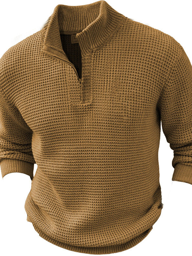  Voor heren Trui Geribd Wafelstof breien Normaal Gebreid Kwart ritssluiting Effen Opstaand Modern eigentijds Werk Alledaagse kleding Kleding Winter Zwart Khaki M L XL