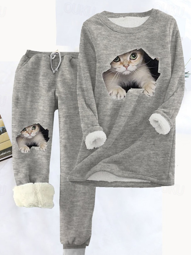  Women's Pajamas Sets Animal Cat Fashion Comfort Soft Carnival Home Christmas Polyester Fleece Warm Gift Crew Neck Long Sleeve Hoodie Pant Fall Winter