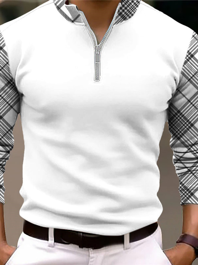  Plaid Herren Geschäftlich 3D Bedruckt Zip Polo Golfpolo Outdoor Casual Strassenmode Polyester Langarm Zip Polo-Shirts Schwarz Weiß Herbst Winter S M L Mikro-elastisch Revers-Polo