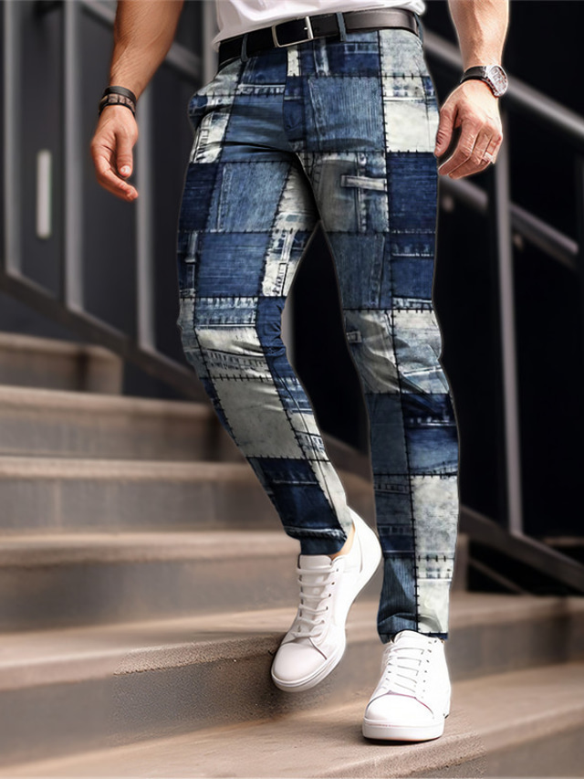  Color Block Plaid / Check Business Casual Men's 3D Print Dress Pants Pants Trousers Outdoor Daily Wear Streetwear Polyester Navy Blue Royal Blue Blue S M L Medium Waist Elasticity Pants