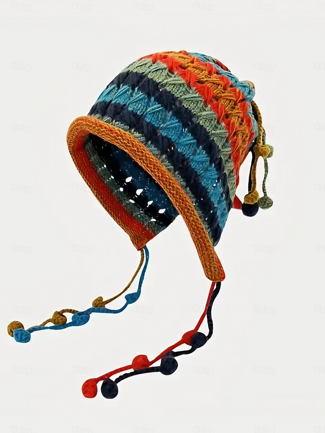  berretto all'uncinetto boho color block classico berretto con teschio scavato vintage caldo cappello con paraorecchie berretti con decorazioni in nappa per le donne autunnali & inverno