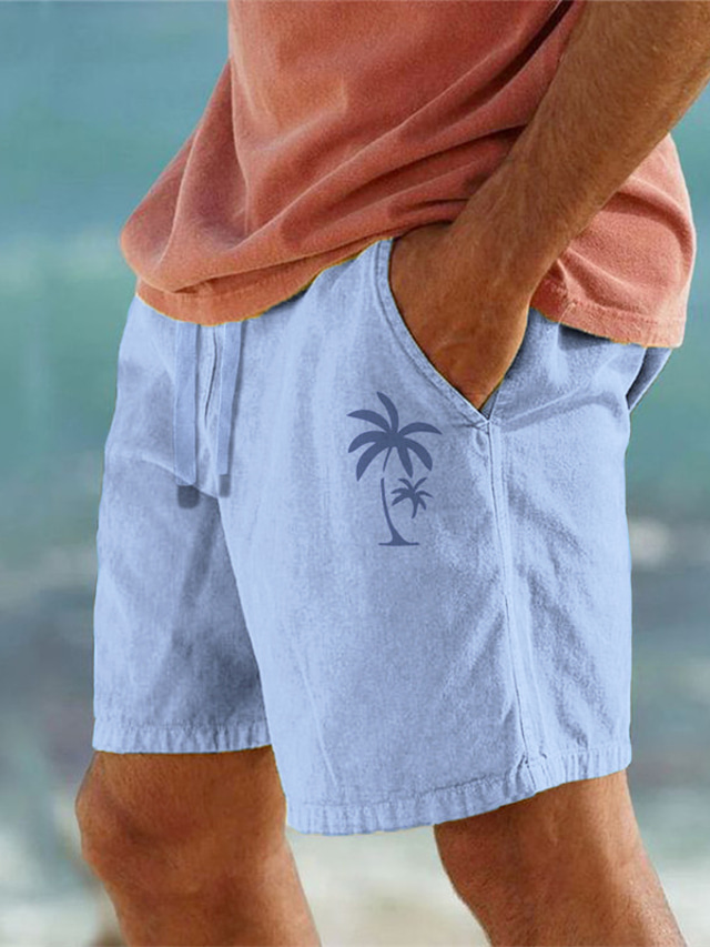  Men's Cotton Shorts Summer Shorts Beach Shorts Drawstring Elastic Waist 3D Print Graphic Coconut Tree Breathable Soft Short Casual Daily Holiday Streetwear Hawaiian Black White Micro-elastic