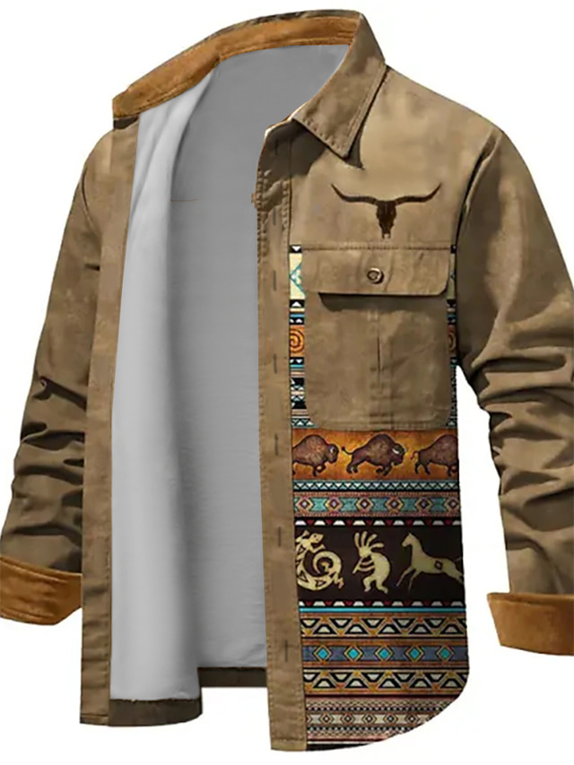  Pánské Etno Bandana Print Košile Košile bunda Dlouhý rukáv Vinobraní Africký vzor Venkovní ulice Běžné / Denní Podzim zima Přehnutý Knoflíky Kapsy Tisk Hnědá