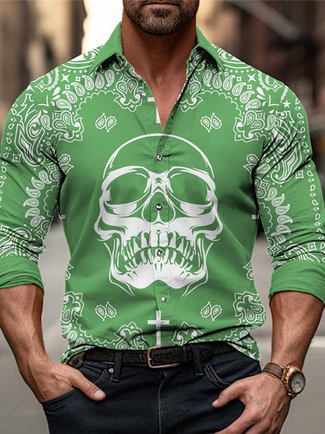  Paisley Skull Abstract Men's Shirt Outdoor Street Casual Daily Fall & Winter Turndown Long Sleeve Black Green S M L Shirt