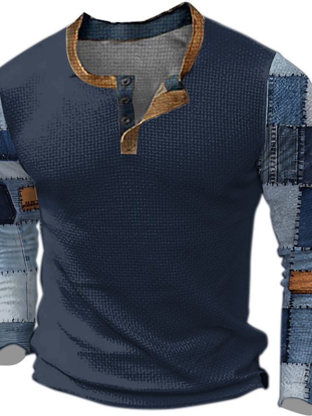  Graphic Plaid Bloque de color Design Casual retro de la vendimia Hombre Impresión 3D Henley Shirt Camiseta de gofres Deporte Festivos Festival Camiseta Negro Azul Marino Caqui Manga Larga Henley