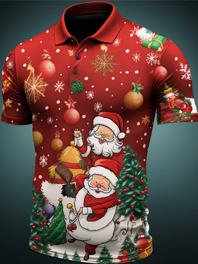  Santa Claus Men's Casual 3D Print Golf Polo Outdoor Daily Wear Streetwear Polyester Short Sleeve Turndown Polo Shirts Yellow Wine Autumn / Fall S M L Lapel Polo