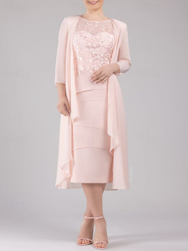  Skapelse Mor till bruden Klänning Bröllopsgäst Elegant Petit Scoop Neck Tealängd Chiffon 3/4-lång ärm med spetslager 2025 gratis anpassad storlek