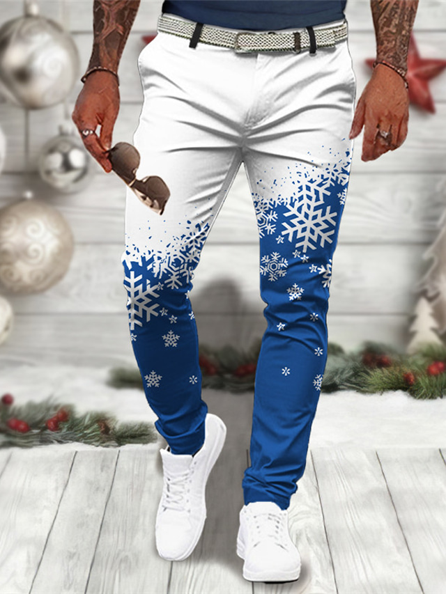  Snowflake Casual Men's 3D Print Christmas Pants Pants Trousers Outdoor Street Going out Polyester Wine Black Blue S M L Mid Waist Elasticity Pants
