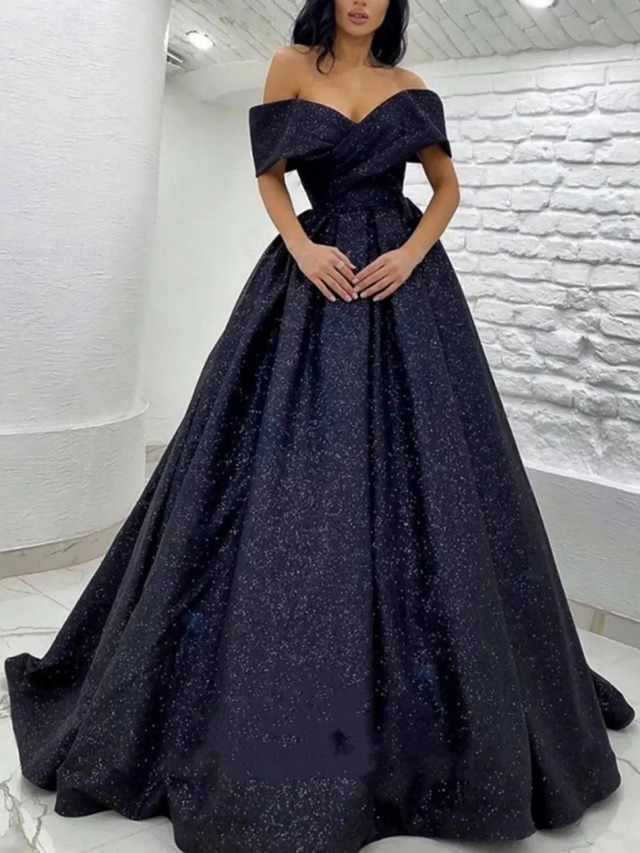  TS A-Line Prom Dresses Elegant Dress Black Tie Gala Sweep / Brush Train Short Sleeve Off Shoulder Sequined with Glitter Pleats 2024