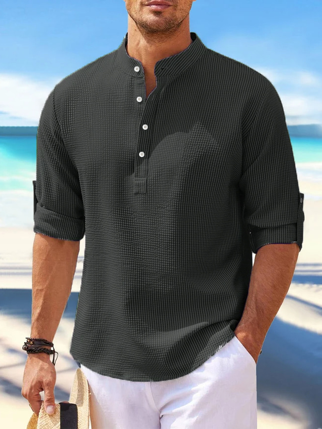  Men's Shirt Popover Shirt Summer Shirt Beach Wear Casual Shirt Band Collar Shirt White Blue Light Grey Dark Gray Long Sleeve Plain Henley Daily Vacation Clothing Apparel Cotton Blend Fashion Casual