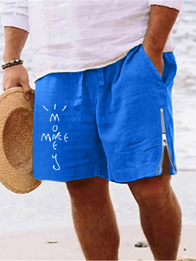  Men's Shorts Summer Shorts Beach Shorts Zipper Drawstring Elastic Waist Letter Comfort Breathable Short Daily Holiday Going out Cotton Blend Hawaiian Casual Army Green Royal Blue