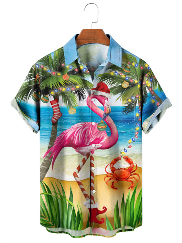  Flamingo Casual Homens Camisa Social Ao ar livre Natal Rua Outono Aberto para a Lateral Manga Curta Azul S M L Camisa