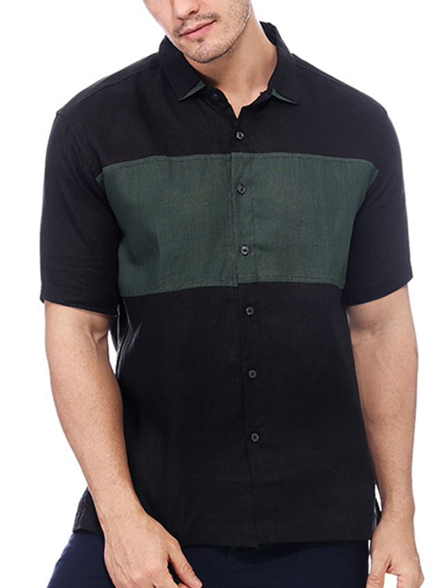 リネン100％ 男性用 シャツ リネンシャツ カジュアルシャツ サマーシャツ ブラック 半袖 カラーブロック ラペル 夏 カジュアル 日常 衣類