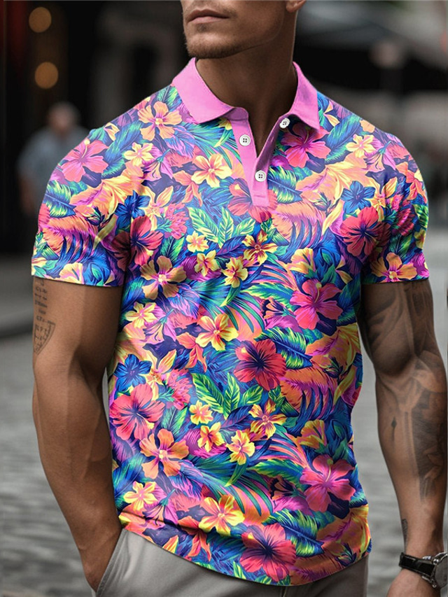 Floral Men's Casual 3D Print Outdoor Daily Wear Streetwear Polyester Short Sleeve Turndown Polo Shirts Purple Autumn / Fall S M L Lapel Polo