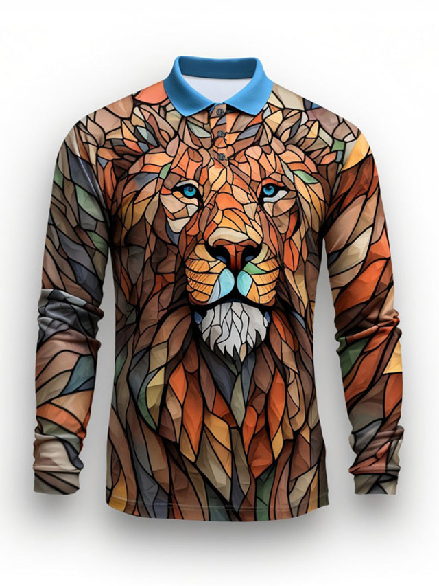  Color Block Lion Men's Abstract Print 3D Outdoor Casual Daily Streetwear Polyester Long Sleeve Turndown Polo Shirts Black White Fall & Winter S M L Micro-elastic Lapel Polo