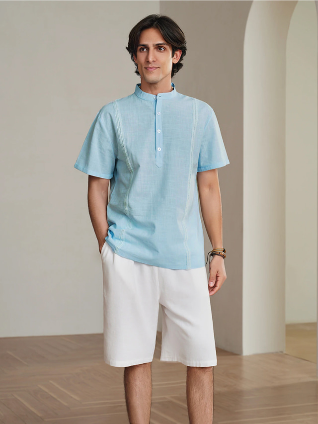  10% Linen Men's Shirt Guayabera Shirt Linen Shirt Popover Shirt Summer Shirt Beach Shirt Black White Pink Short Sleeve Plain Collar Summer Casual Daily Clothing Apparel