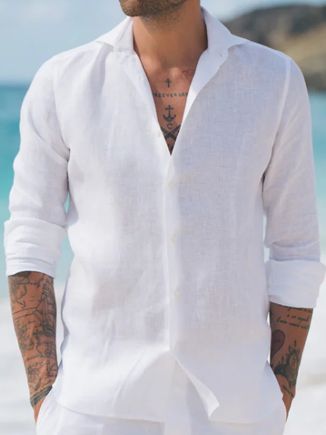  Homens Camisa Social camisa de linho camisa de botão camisa de praia Branco Manga Longa Tecido Lapela Primavera & Outono Casual Diário Roupa