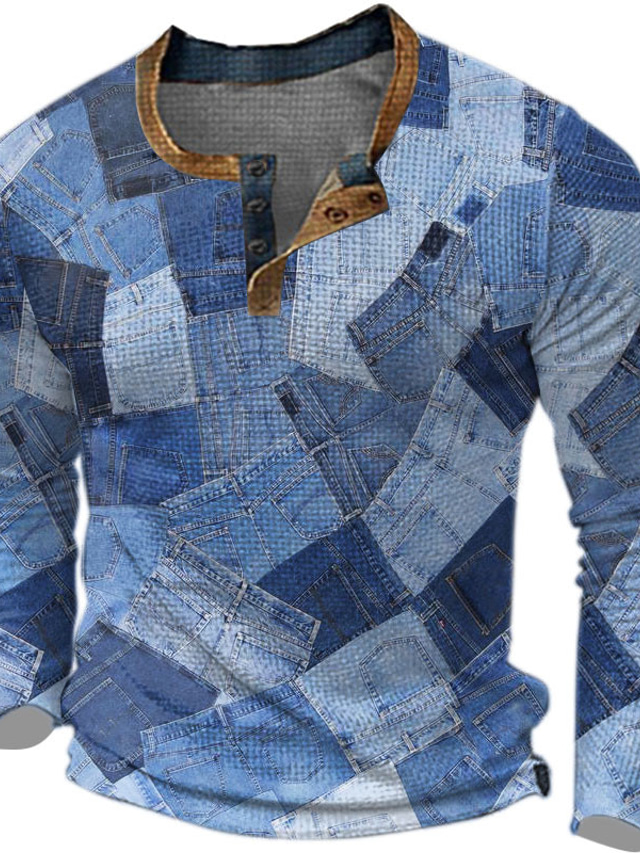  Graficzny Kolorowy blok Designerskie Retro / vintage Codzienny Męskie Druk 3D Koszula Henley T-shirt waflowy Sporty na świeżym powietrzu Święto Festiwal Podkoszulek Niebieski Fioletowy Brązowy Długi