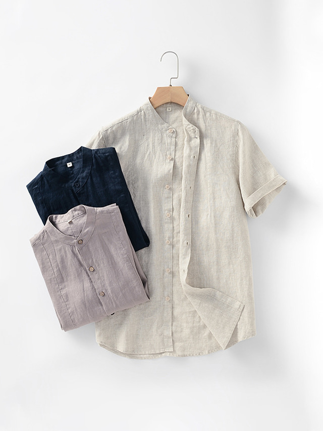  100% Linen Men's Shirt Linen Shirt Casual Shirt Summer Shirt White Navy Blue Brown Short Sleeve Plain Stand Collar Summer Casual Daily Clothing Apparel