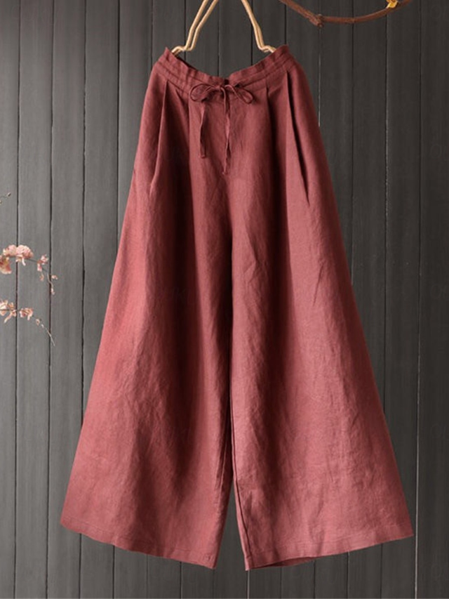  Women's Wide Leg Pants Trousers Vacation Vintage Streetwear Full Length High Waist Plain Drawstring Elastic Waist High Cut Comfort Breathability Soft Micro-elastic Vacation Home Street Black Red