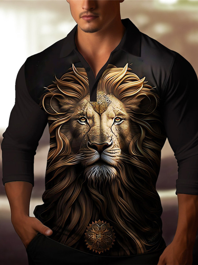  Lion Relief Pattern Men's Abstract 3D Print Outdoor Casual Daily Streetwear Polyester Long Sleeve Turndown Polo Shirts Black Yellow Fall & Winter S M L Micro-elastic Lapel Polo