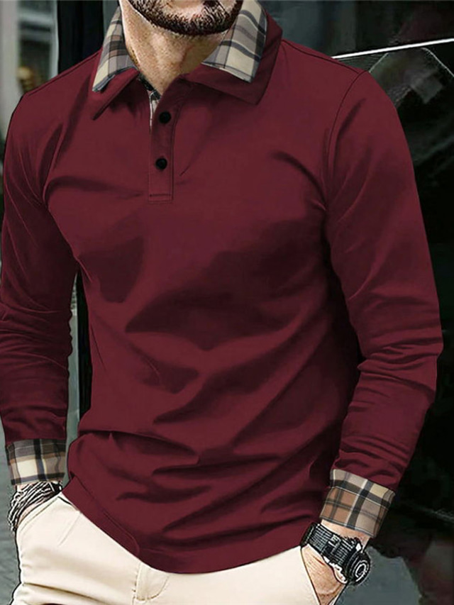  Men's Button Up Polos Polo Shirt Casual Sports Lapel Long Sleeve Fashion Basic Plaid Color Block Button Spring &  Fall Regular Fit Black Red Blue Brown Button Up Polos