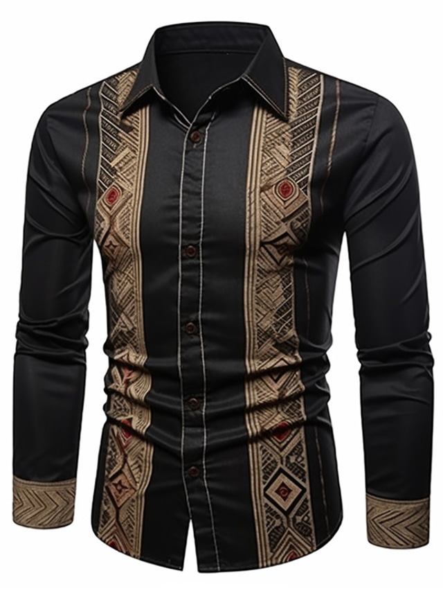  Tribal Bandana Print Vintage Tribal Men's Shirt Daily Wear Going out Fall & Winter Turndown Long Sleeve Black, Brown S, M, L 4-Way Stretch Fabric Shirt