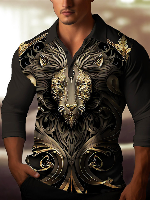  Men's Lion Relief Pattern Long Sleeve Polo Shirts Turndown Abstract Outdoor Casual Daily Streetwear 3D Print Yellow Gold