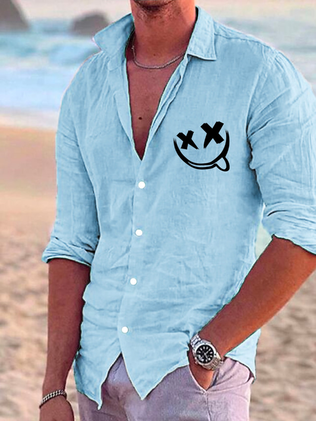  Hombre Poliéster Lino Camisa camisa de lino Cara de emoji Estampado Manga Larga Diseño Bleu Ciel, Negro, Blanco Camisa Exterior Diario Vacaciones