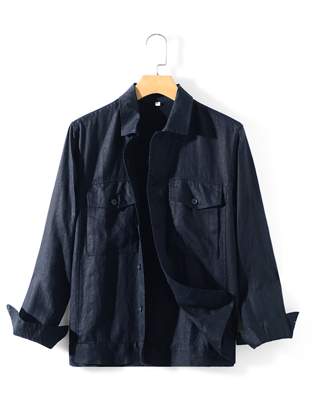  100% Lino Bolsillo Hombre Camisa camisa de lino Camisa casual Negro Azul Marino Manga Larga Plano Diseño Primavera & Otoño Casual Diario Ropa