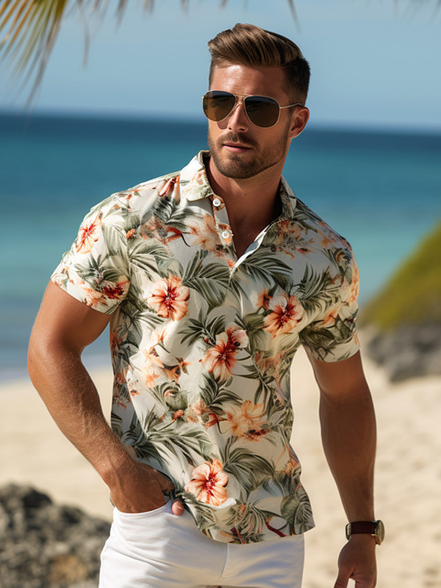  Blumen Herren Brautkleider schlicht 3D Bedruckt Outdoor Hawaiianisch Freizeitskleidung Polyester Kurzarm Umlegekragen Polo-Shirts Weiß Herbst S M L Mikro-elastisch Revers-Polo