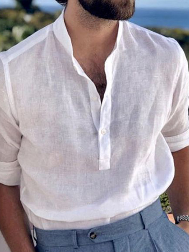  Men's Shirt Linen Shirt Button Up Shirt Casual Shirt White Long Sleeve Plain Stand Collar Spring &  Fall Casual Daily Clothing Apparel