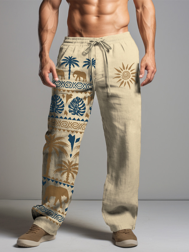  Men's Vintage Casual Graphic Animal Tribal Linen Pants Pants Trousers Mid Waist Daily Wear Vacation Going out Spring Fall Regular Fit