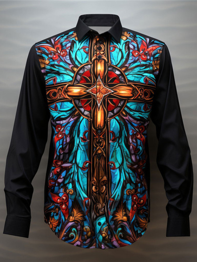  Color Block Colorful Cross Artistic Abstract Men's Shirt Daily Wear Going out Fall & Winter Turndown Long Sleeve Royal Blue, Blue, Orange S, M, L 4-Way Stretch Fabric Shirt