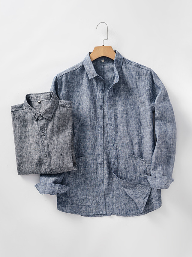  100% Linen Men's Shirt Linen Shirt Casual Shirt Blue Gray Long Sleeve Plain Lapel Spring &  Fall Casual Daily Clothing Apparel
