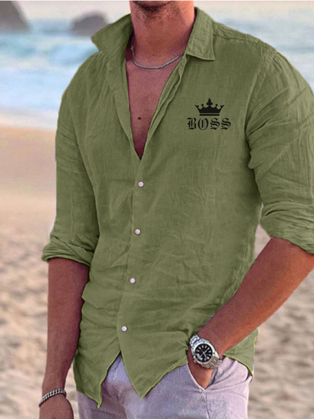  Men's Polyester Linen Shirt Linen Shirt Tiaras & Crowns Print Long Sleeve Lapel Black, White, Pink Shirt Outdoor Daily Vacation