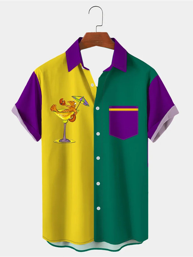  Carnival Mask Shrimp Artistic Men's Shirt Daily Wear Going out Weekend Autumn / Fall Turndown Short Sleeves Purple, Green S, M, L 4-Way Stretch Fabric
