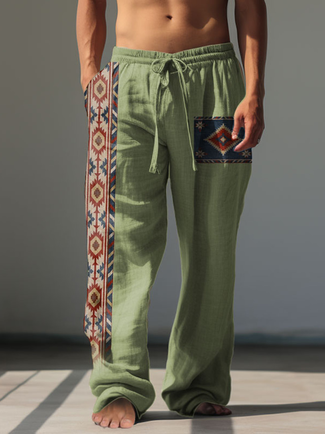  Men's Vintage Tribal Argyle Linen Pants Pants Trousers Mid Waist Outdoor Daily Wear Streetwear Fall & Winter Regular Fit