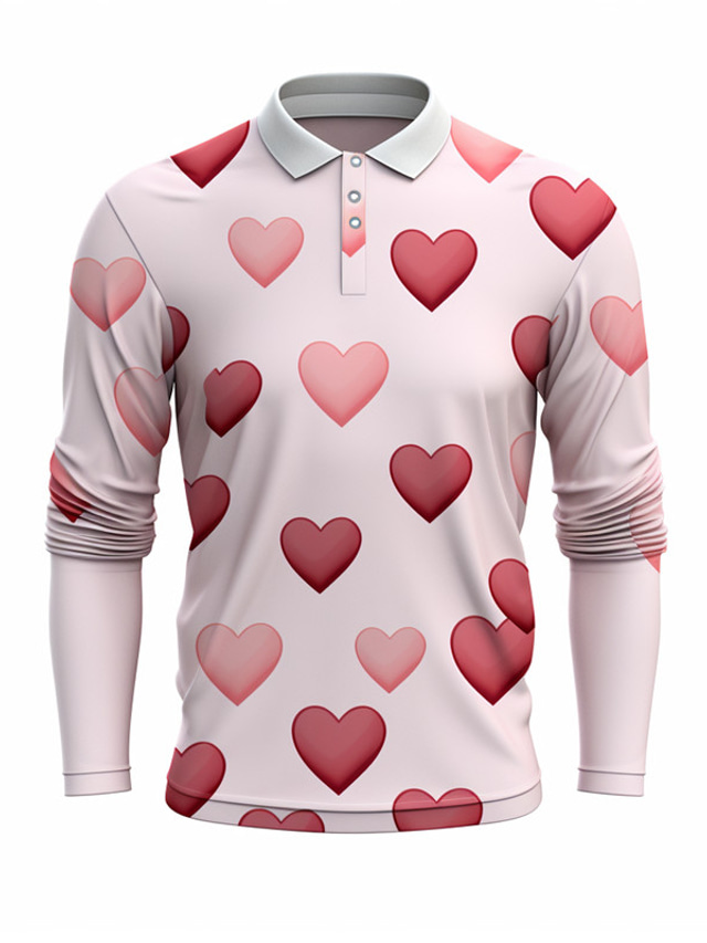  Valentine's Day Heart Men's Casual Print 3D Outdoor Casual Daily Streetwear  Polyester Long Sleeve Turndown Polo Shirts Pink Dark Pink Fall & Winter S M L Micro-elastic