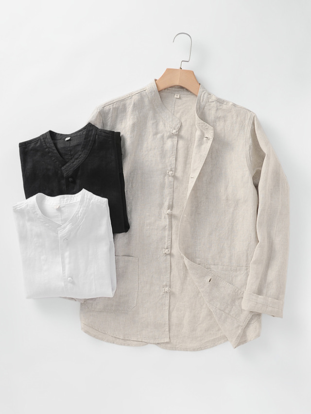  100% Linen Front Pocket Men's Shirt Linen Shirt Casual Shirt Black White Navy Blue Long Sleeve Plain Stand Collar Spring &  Fall Casual Daily Clothing Apparel