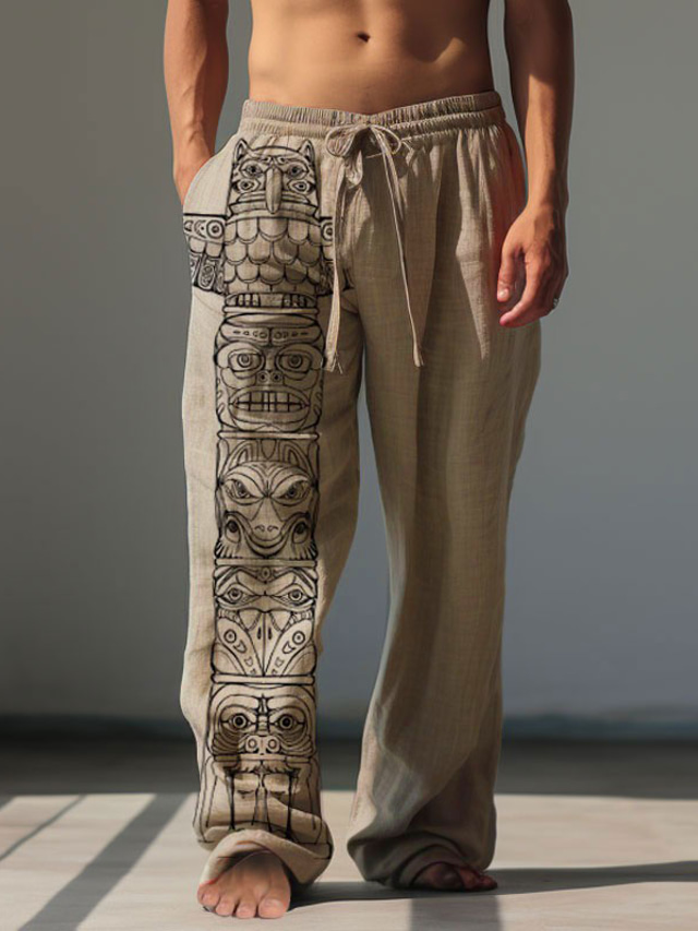  Men's Vintage Tribal Bandana Print Linen Pants Pants Trousers Mid Waist Outdoor Daily Wear Streetwear Fall & Winter Regular Fit