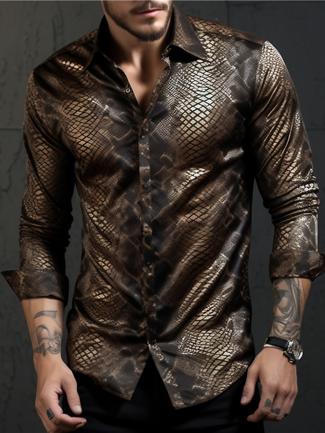  Snake Metallic Abstract Men's Shirt Daily Wear Going out Fall & Winter Turndown Long Sleeve Black, Gold, Brown S, M, L 4-Way Stretch Fabric Shirt