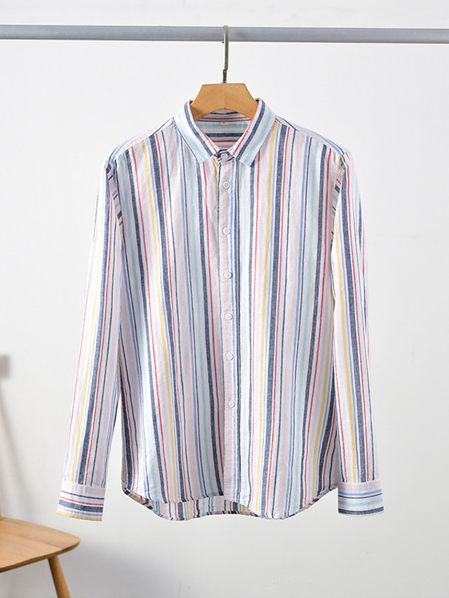  100% Linen Men's Shirt Linen Shirt Casual Shirt Blue Long Sleeve Stripes Lapel Spring &  Fall Casual Daily Clothing Apparel
