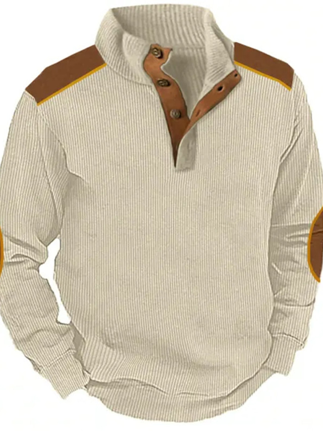  Men's Sweatshirt Khaki Standing Collar Color Block Patchwork Sports & Outdoor Daily Holiday Corduroy Streetwear Basic Casual Spring &  Fall Clothing Apparel Hoodies Sweatshirts 
