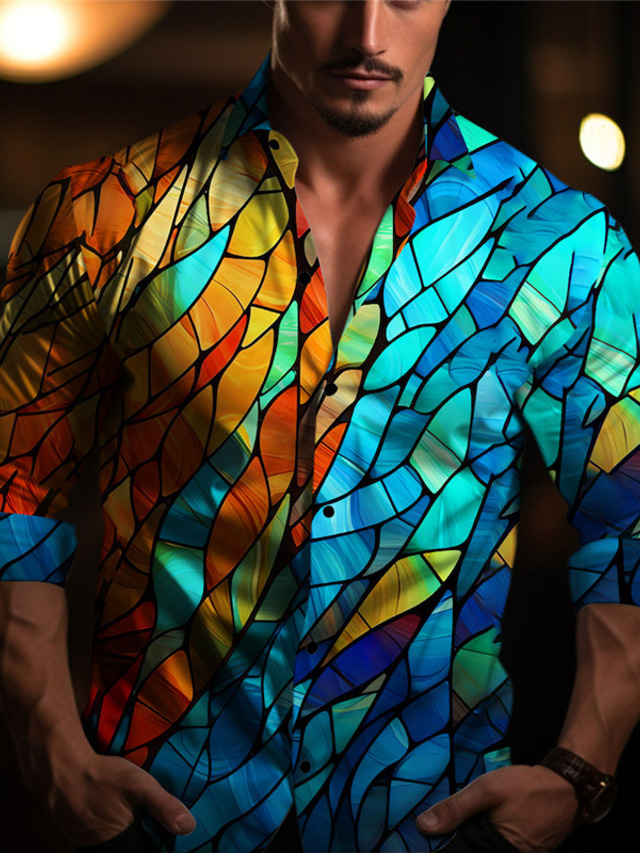  ألوان متناوبة غني بالألوان فني ملخص رجالي قميص مناسب للبس اليومي مناسب للخارج خريف & شتاء طوي كم طويل أصفر, أرجواني S, M, L 4-طريقة سترتش النسيج قميص