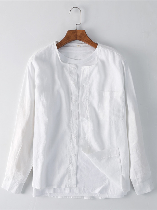  100% Linned Herre Skjorte linned skjorte Casual skjorte Hvid Langærmet Vanlig Rund hals Forår & Vinter Afslappet Daglig Tøj